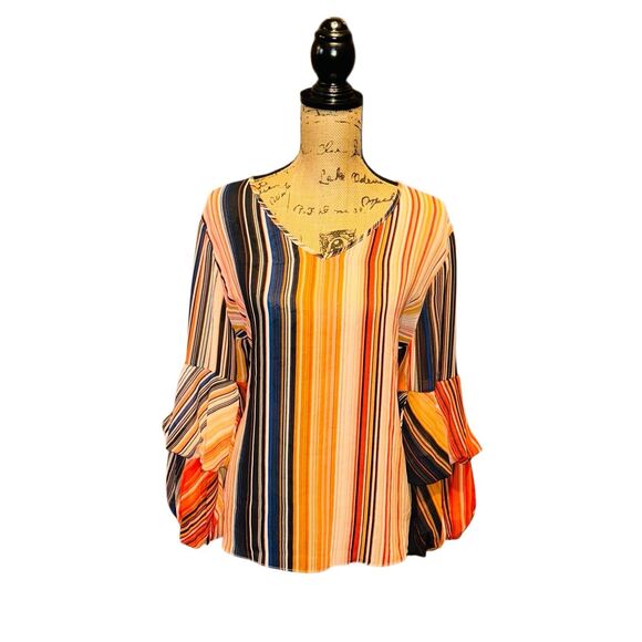 NWT Cato Womens Stripe Blouse Bell Sleeve Retro Multicolor Size L - Picture 1 of 3